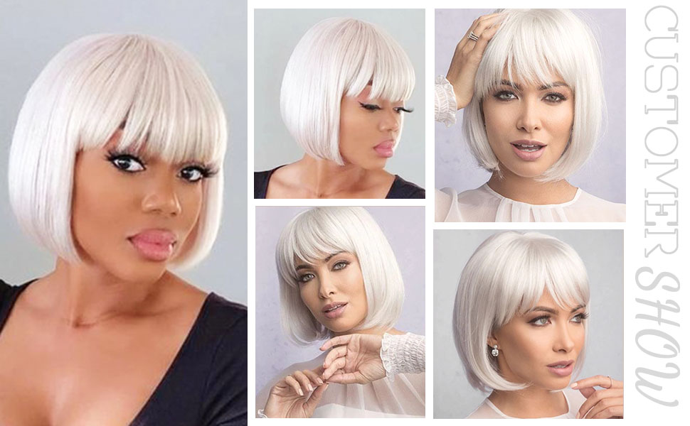 WERD Short White Bob Wig Bangs Straight White Wig for