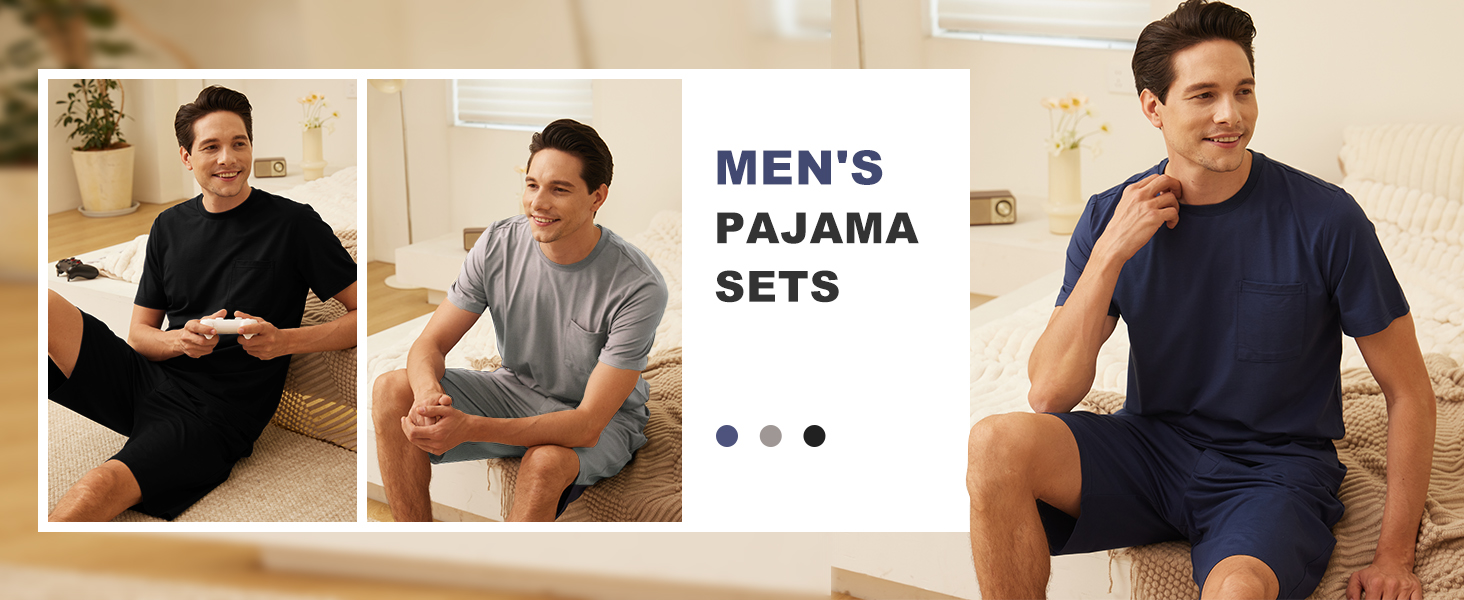 Men's Pajama Sets Lounge Sleep Sets Soft Sleepwear Men Short Sleeves and Shorts Pjs Set with Pocket