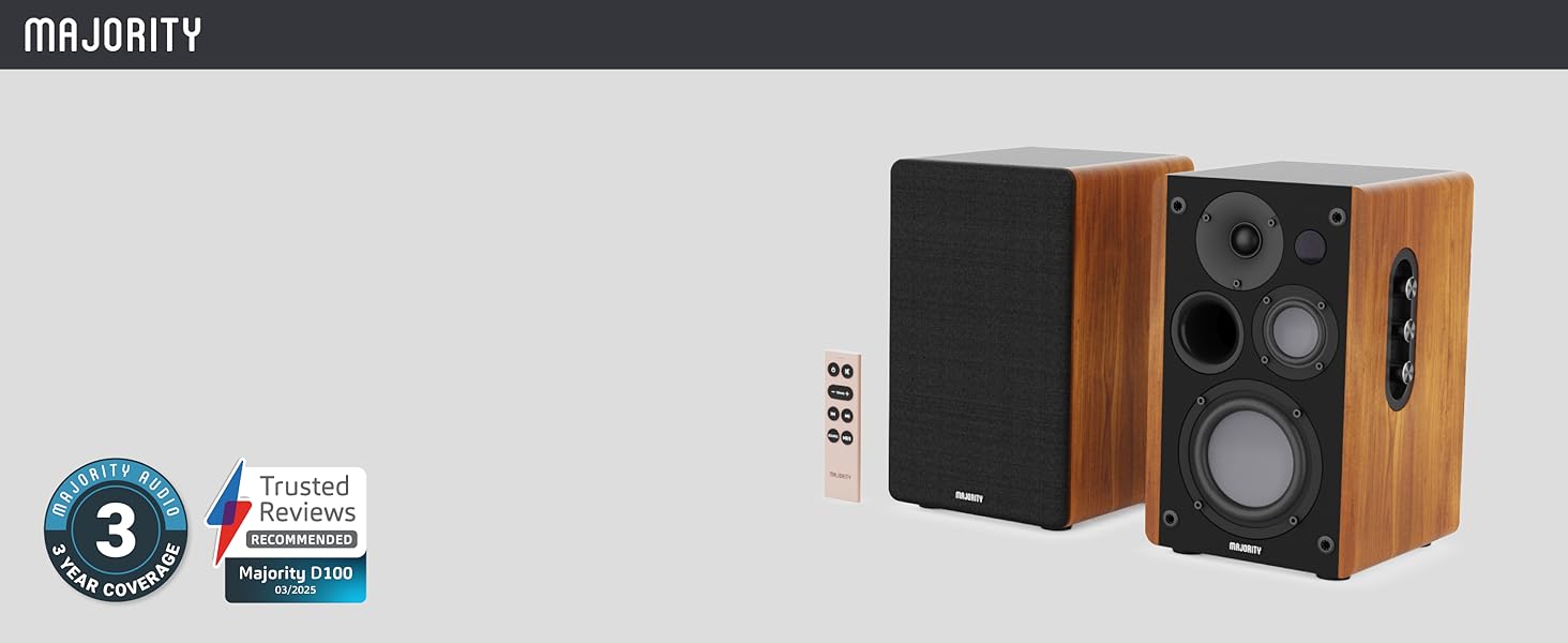 D100 bookshelf speaker with brown wooden construction, 3-driver sound system for rich audio