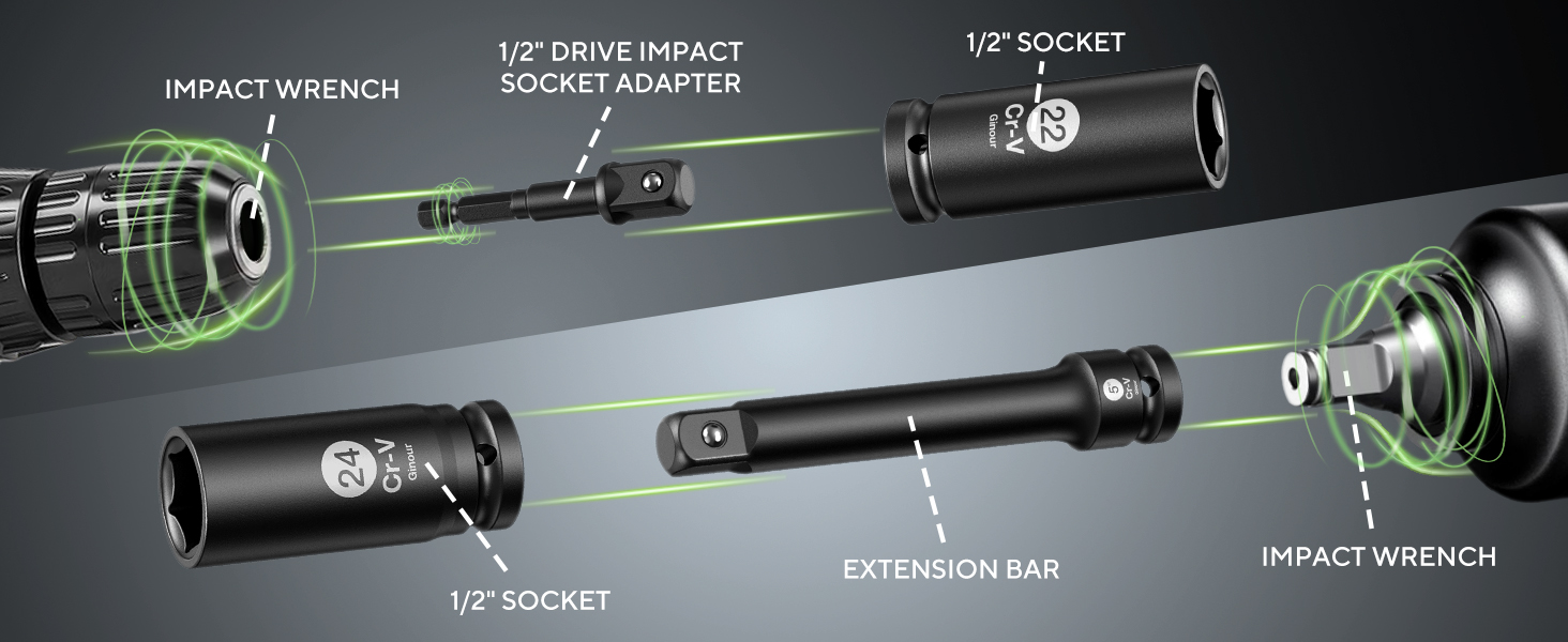 Impact Socket Set 1/2 Inch, ginour 20PCs Drive Master Deep Impact