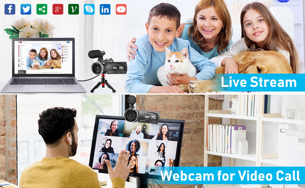 Composite image showing video call equipment: laptop, webcam, and tripod. Social media icons at top. Bottom panel shows person using laptop for video conference.