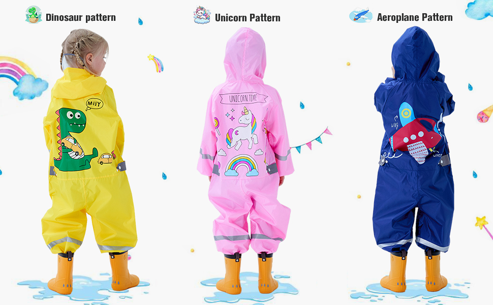 KidsRaincoats Girls Boys Puddle Suit Waterproof All In One Rainsuit Children Hooded Rain Coat
