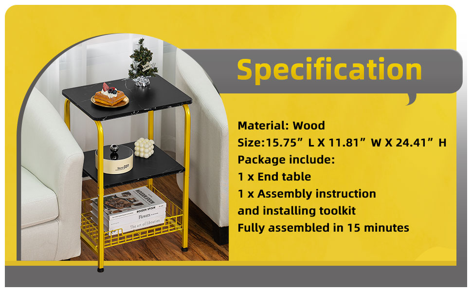 YAHARBO Black and Gold Side Table,3Tier Small End Table