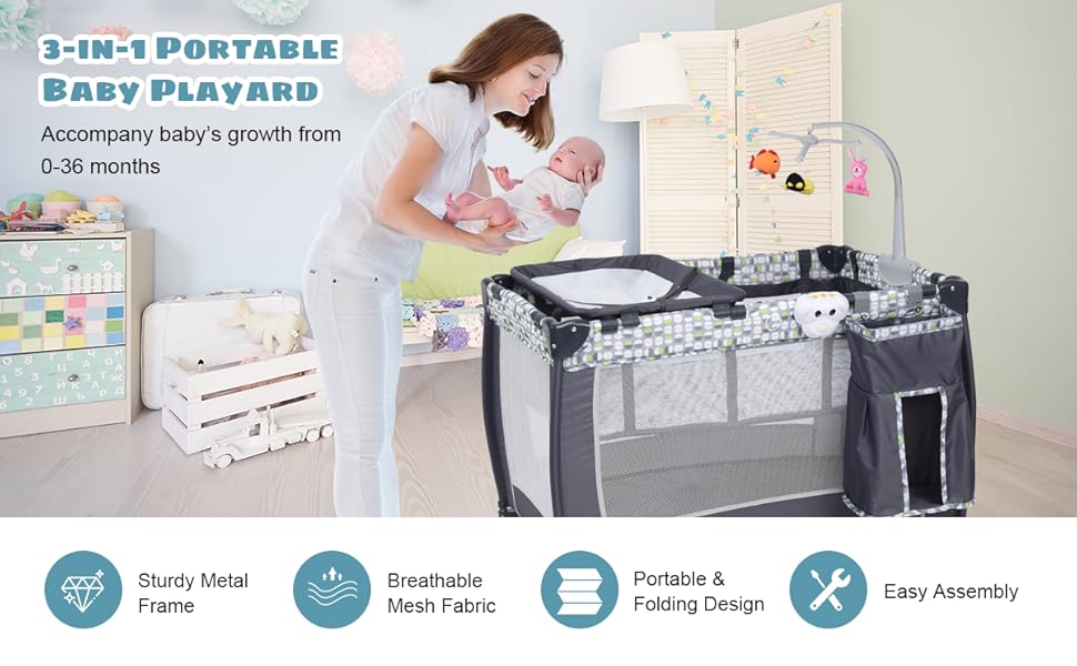 DREAMADE 3 In 1 Lettino Da Campeggio Per Bambini, Letto Pieghevole Con Fasciatoio, Giocattolo Appeso E Carillon, Culla Co-Sleeping Per Bambini Tra 0-36 Mesi (Pink) 12 01