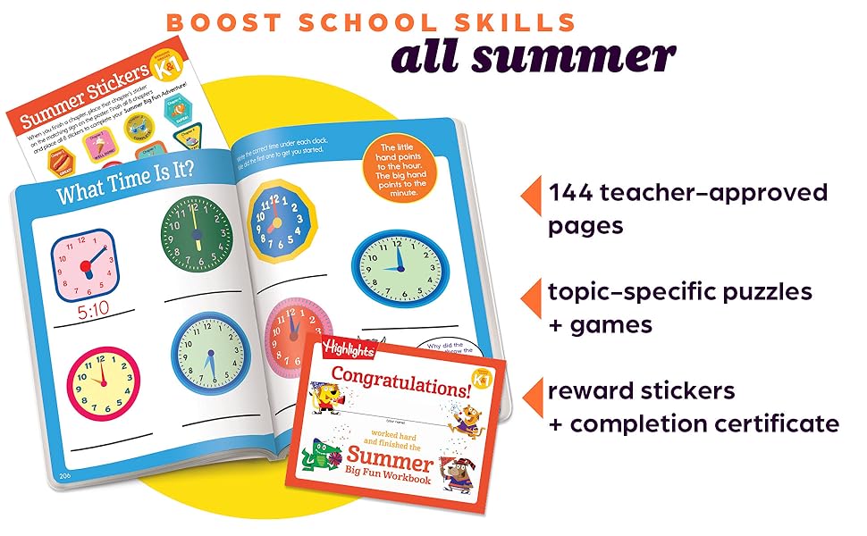 Boost school skills all summer, 144 teacher-approved pages, topic-specific puzzles & games