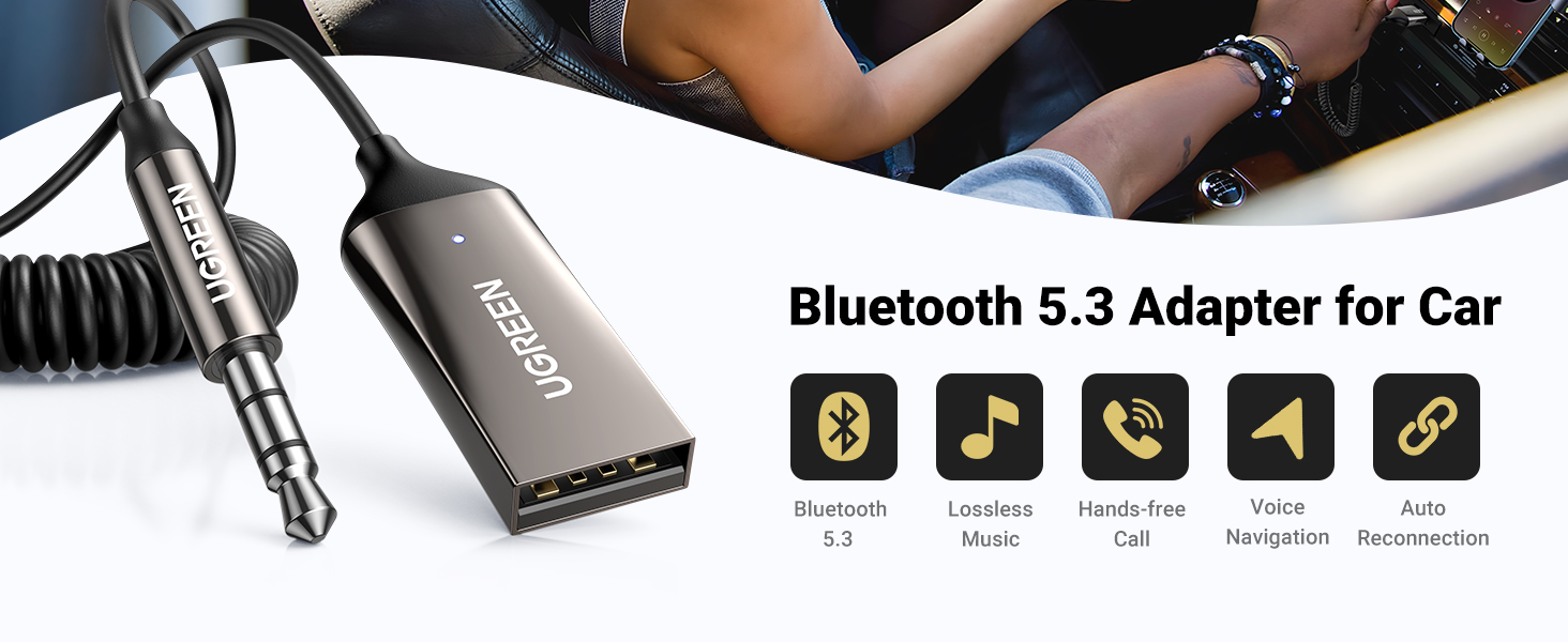 UGREEN Aux to Bluetooth 5.3 Adapter 3.5mm Bluetooth Receiver for Car