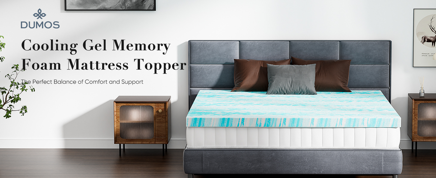 A bed with two nightstands on either side of the bed and DUMOS memory foam bed topper on the bed.