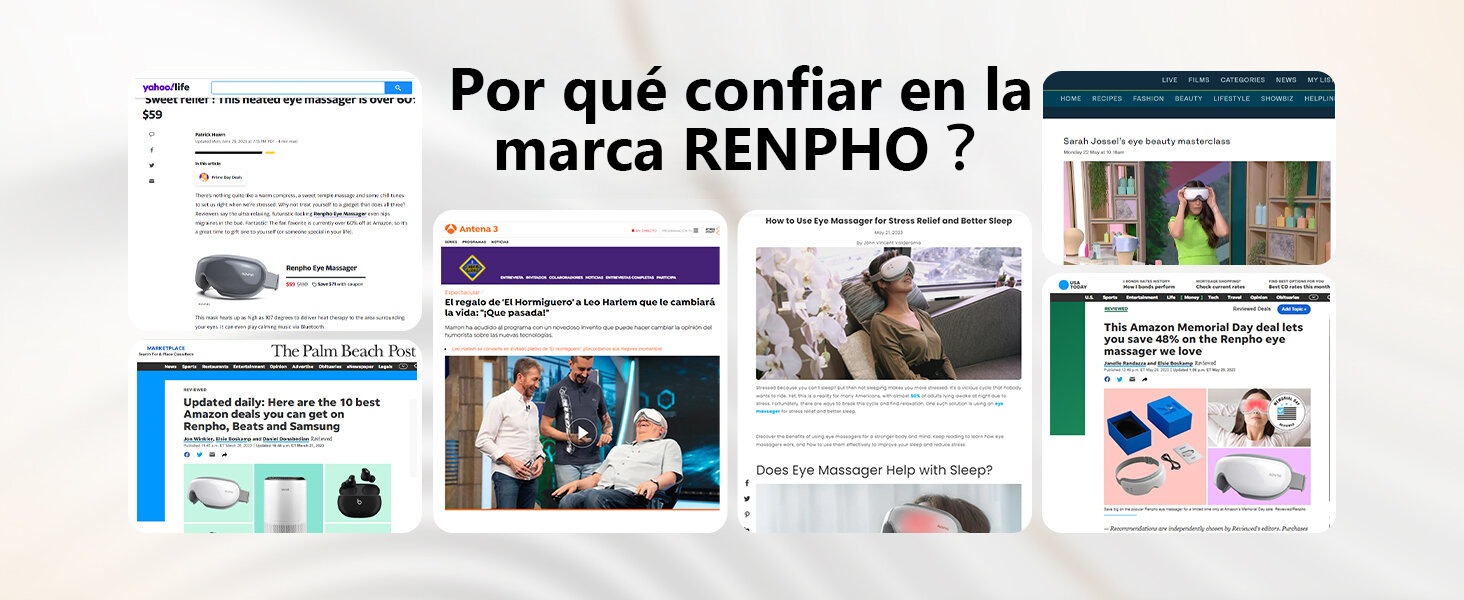 Collage de capturas de pantalla de sitios web y publicaciones en redes sociales con contenido de la marca RENPHO en español, que muestra varios testimonios y reseñas de productos