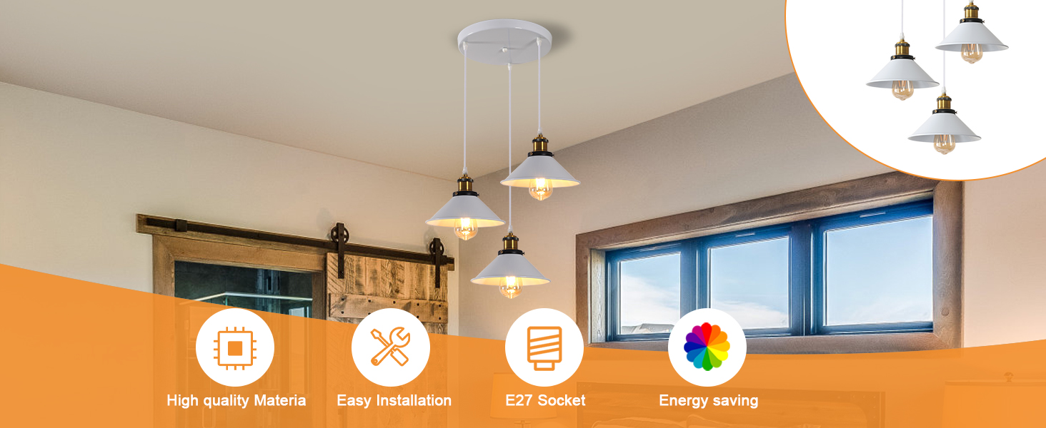 a ceiling light with three lights and a window.