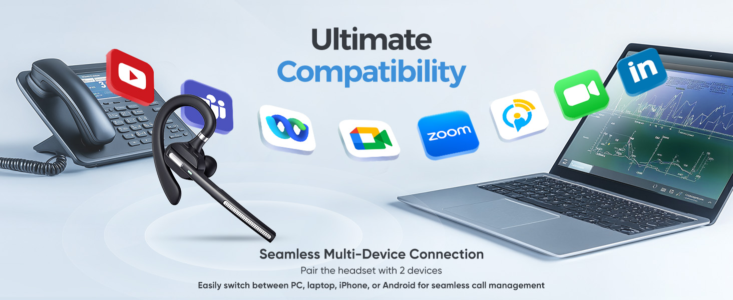 G5 Bluetooth Headset with Noise-Cancelling Mic Wireless Earpiece with USB Dongle