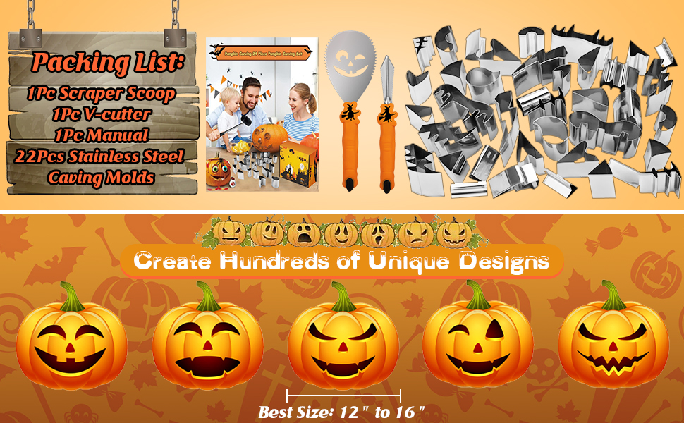 Pumpkin Carving Kit Halloween, WANNTS Safe and Easy Pumpkin Carving Set for Kids, DIY Stainless Steel Pumpkin Carving Tools for Halloween Decoration Jack-O-Lanterns, Gift for Halloween(24 Pieces) 13 pumpkin carving kit, carving tools, carving knife set