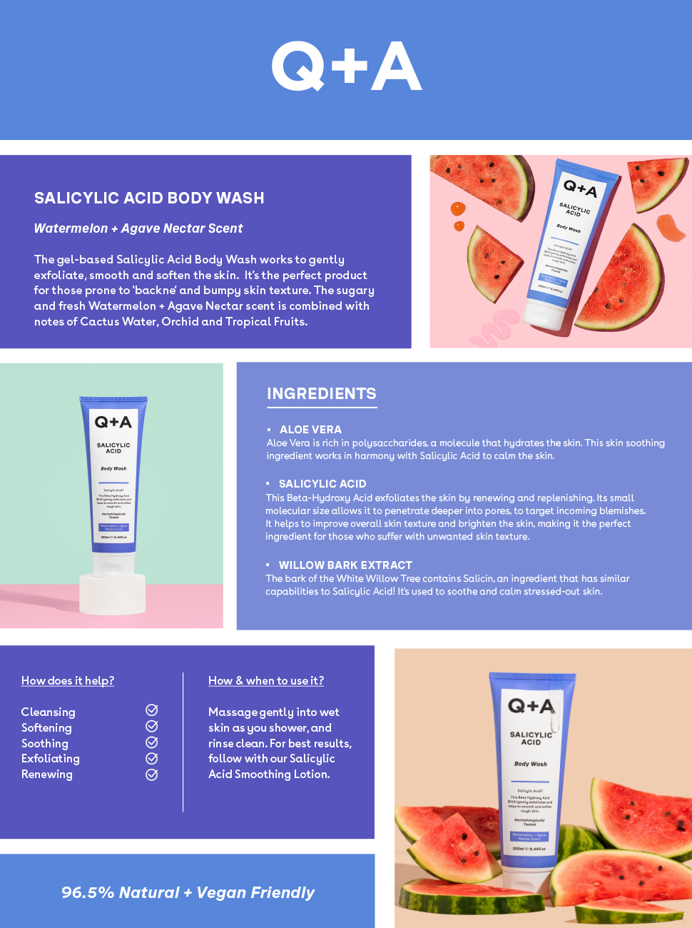 Q+A Salicylic Acid Body Wash gel-based shower exfoliates smooth soft skin Green Tea Extract