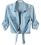 Omoone Women's 3/4 Sleeve Denim Crop Top Tie Knot Shirt Cardigan