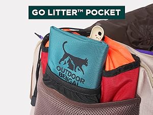 Go Litter pocket on pet travel carrier, perfect for portable cat litter box and travel essentials.