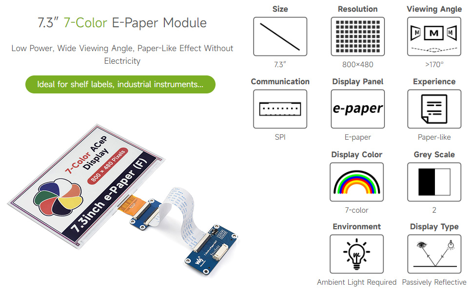 Waveshare 7.3inch ACeP 7Color EPaper Display Module, Compatible with