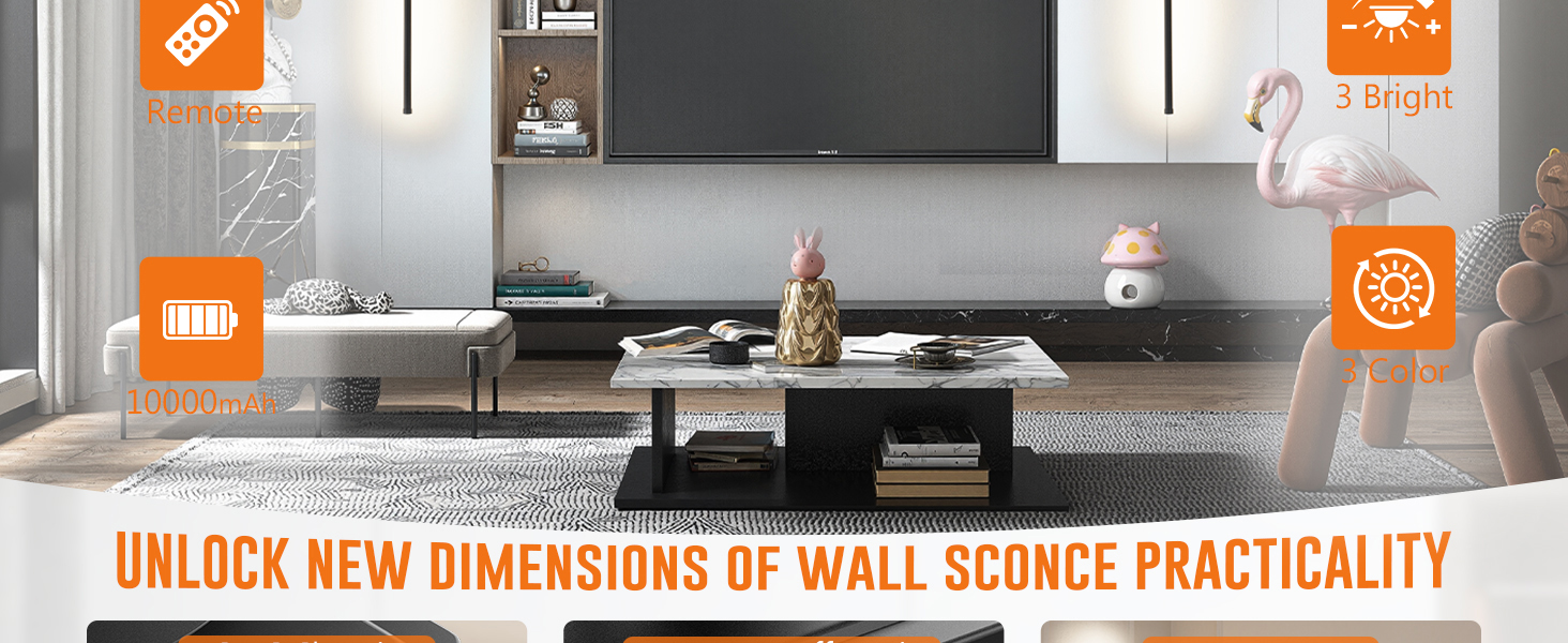 Text reads 'UNLOCK NEW DIMENSIONS OF WALL SCONCE PRACTICALITY'. Modern interior wall sconce installation demonstration with orange instructional icons.