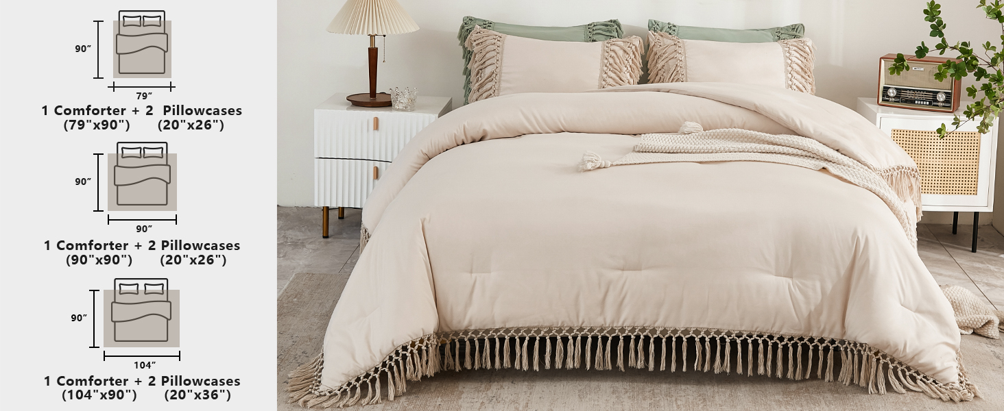 Andency Beige Comforter Set Queen, 3 Pieces Boho Tassel