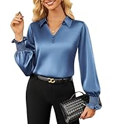 GRACE KARIN Womens Dressy Business Casual Blouses Satin Silk Collared V Neck Tops Lantern Long Sl...