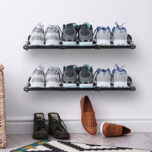 Set of 4 Industrial Matte Black Metal Pipe Hanging Shoe and Boot Rack Organizer Shelf