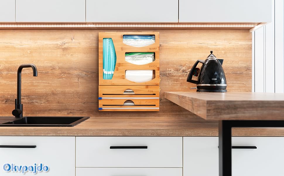 Ziplock Bag Organizer & Plastic Wrap Dispenser with Cutter