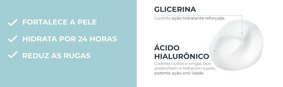 A ação da Glicerina e Ácido Hialurônico fortalece e hidrata a pele, corrigindo linhas de expressão.