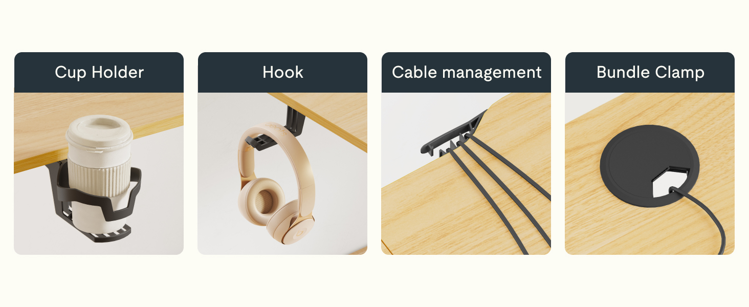 Verzameling hardware-accessoires en montagegereedschap op een rij weergegeven, inclusief haken, clips en installatiecomponenten.
