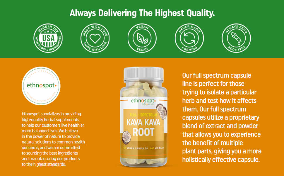 Full Spectrum Kava Kava Root Capsules Promotes Relaxation & Improved
