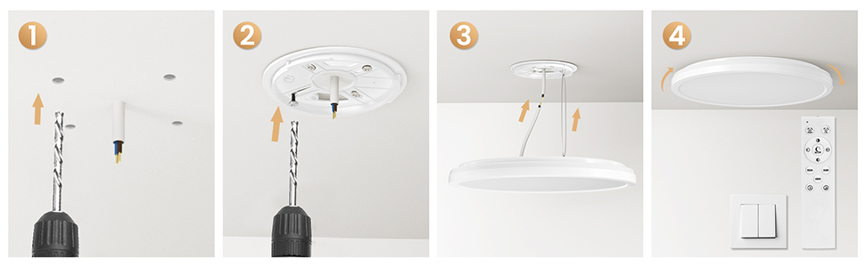 Vierstufige Installationsanleitung, die den Montageprozess der Deckenleuchte zeigt, illustriert in minimalistischen Graustufendiagrammen