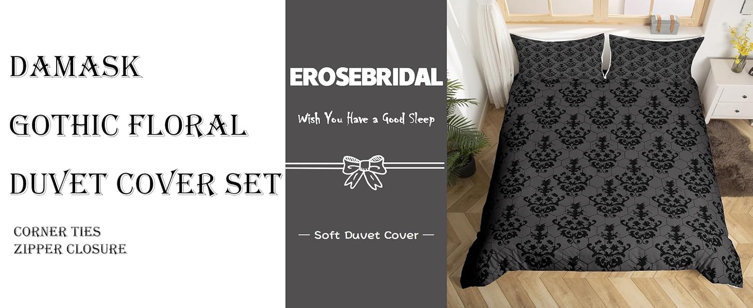Erosebridal Gothic Bedding Sets Adults Black Damask Duvet Cover Set