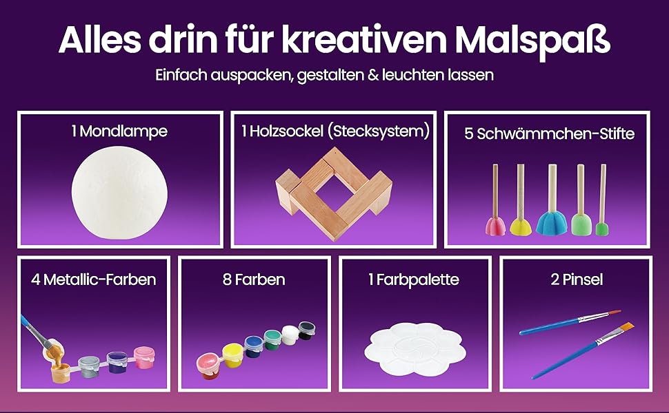 Der Text lautet „Alles drin für kreativen Malspaß“. Violettes Banner mit verschiedenen Malutensilien und kreativen Werkzeugen, die horizontal angeordnet sind, darunter Pinsel, Farben und Bastelmaterialien.