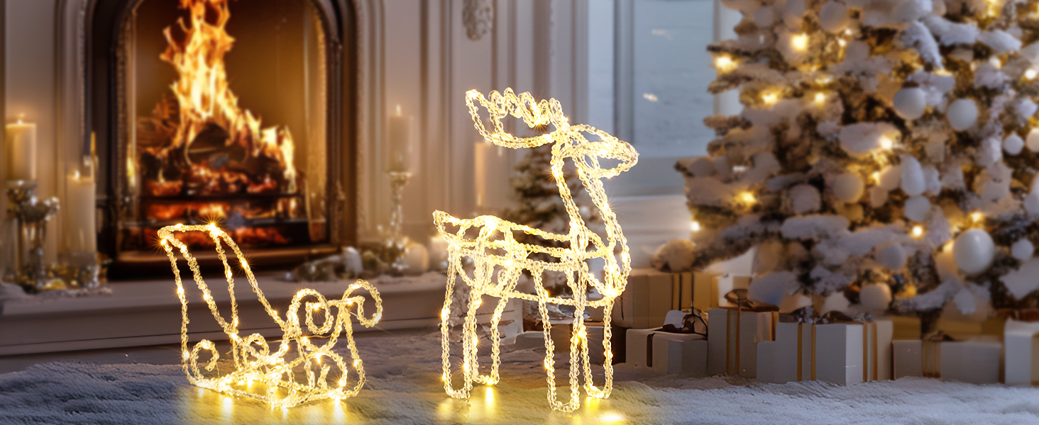 Quntis Reindeer and Sleigh Christmas Lights Warm White, 100 Led