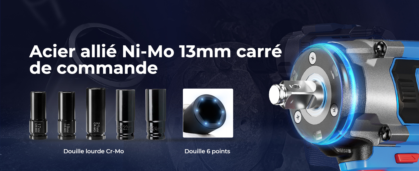 Le texte indique « Acier allié Ni-Mo 13 mm carré ». Schéma technique montrant les composants mécaniques et les mesures de ce qui semble être des pièces de machine.