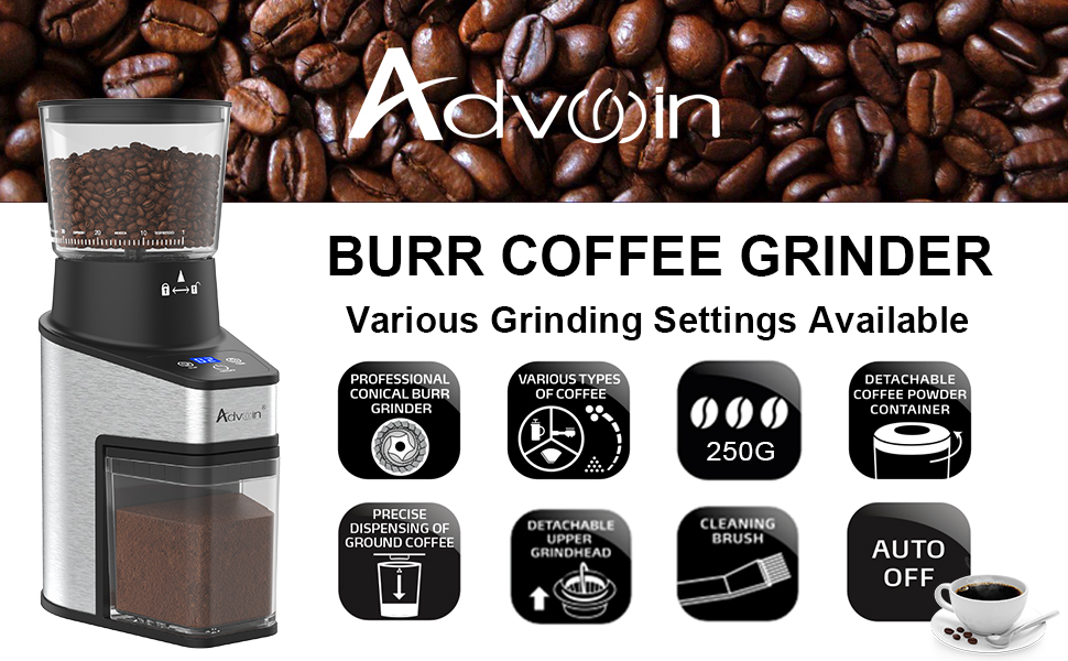 ADVWIN Burr Coffee Grinder, Automatic Grinding Machine, 18 Cup Capacity