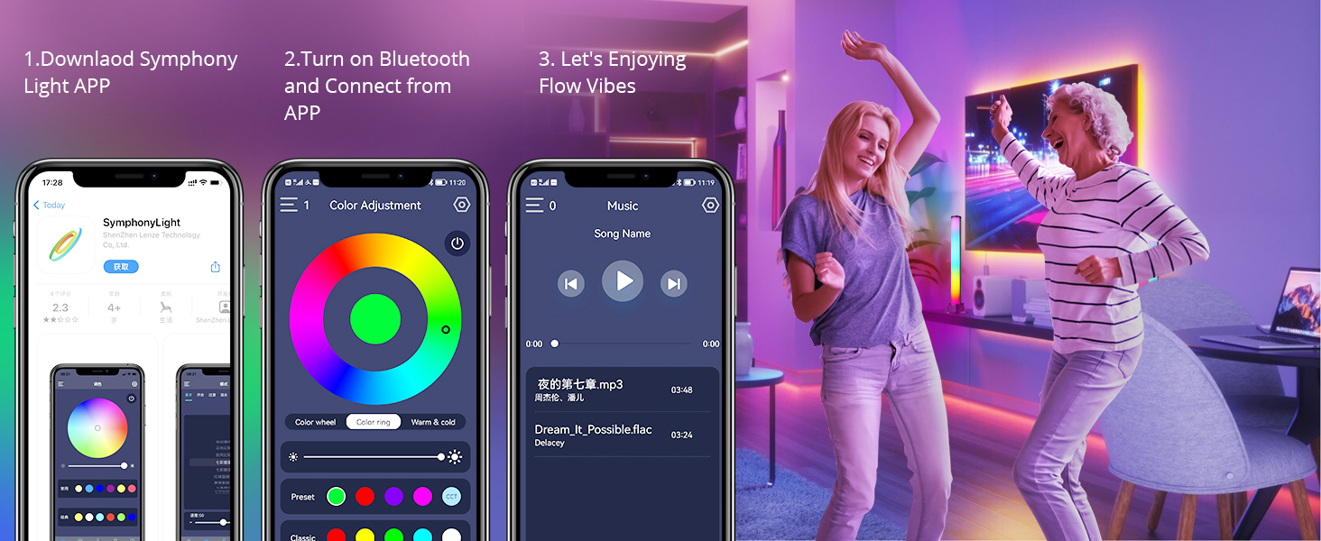Eine Frau tanzt mit einem Bluetooth-Musikplayer und einer lila Wand hinter ihr.