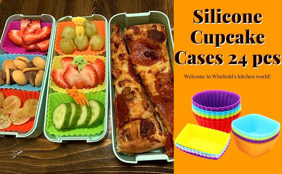 Wisehold 24 PCS Colorful Silicone Cupcake Cases, Non Stick 3 Shapes of