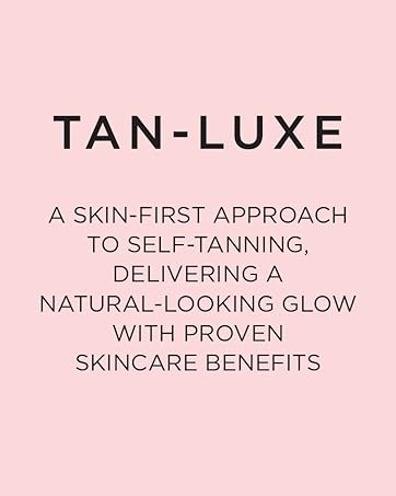 Text reads 'TAN-LUXE' and 'A SKIN-FIRST APPROACH TO SELF-TANNING, DELIVERING A NATURAL-LOOKING GLOW WITH PROVEN SKINCARE BENEFITS' on pink background.
