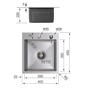 CECIPA Evier Cuisine 1 Bac 40 X 45 X 22 CM - Évier En Acier Inox 3mm Épais Pour Meuble De 40 Cm MIN - Pose À FLEUR De Plan Ou à ENCASTRER, Avec Siphon, Trop-Plein, Distributeur De Savon Non Inclus 15 evier cuisine 1 bac
