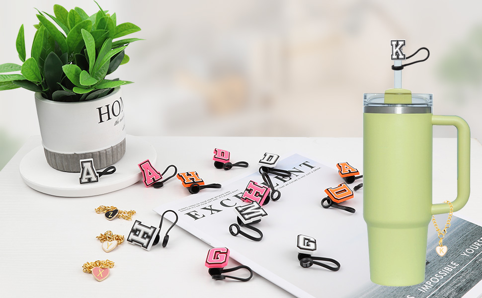 Silicone Straw Cover for Stanley Cup 30&40oz 3PCS Handle Personalized Letter Charms with 3PCS 10mm Straw Cover Cap for Stanley Cup Orange Straw Tips Lids for Stanley Cup Accessories (Letter K) 15 1
