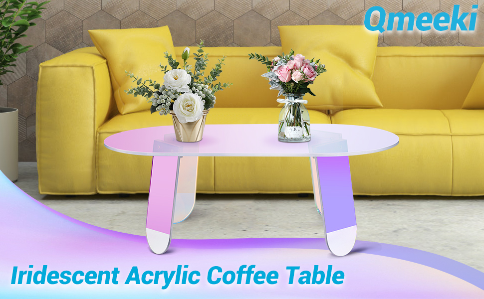 Qmeeki Acrylic Coffee Table,Round Iridescent Glass Acrylic