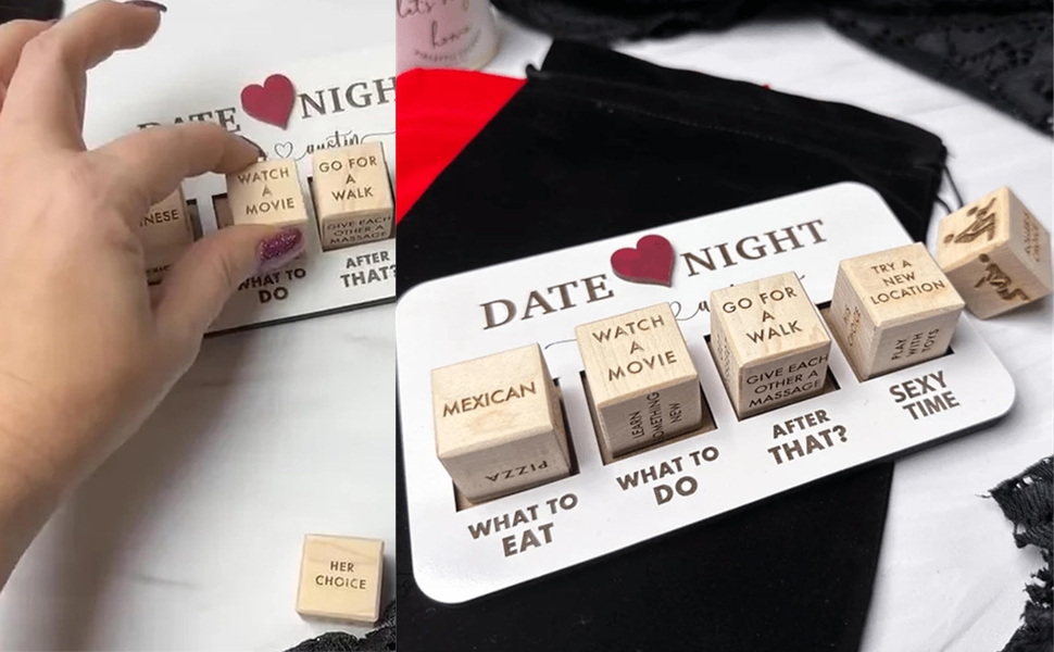 Date night planning board with wooden cubes for customizable activity options. Includes categories like 'What to eat' and 'What to do'.