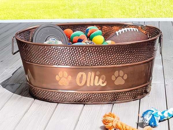 Personalized metal dog toy box outdoors on the patio with a dog nearby.