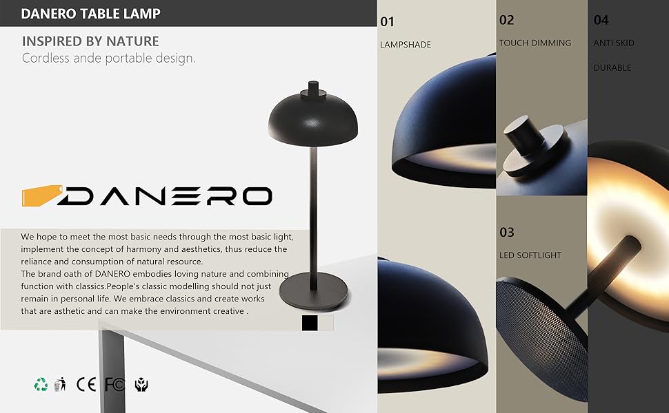 DaneroCordless Table Lamps ,Portable Desk Lamp,5200mAh Battery