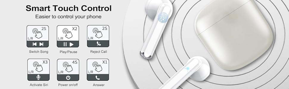 Text reads: 'Smart Touch Control'. Six icons demonstrating touch control functions on what appears to be a white circular device with ridged surface.