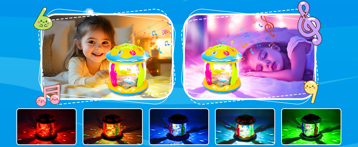 Colorful interactive toy lantern with multiple light settings. Features shapes and stars projections, demonstrated in various environments including a child's bedroom and living room.