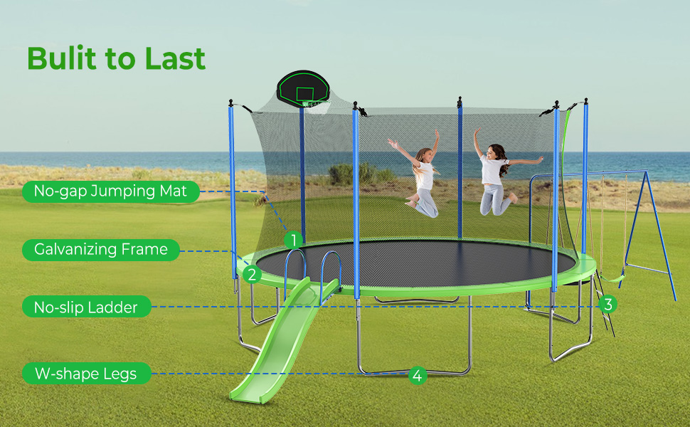 Three people jumping on the trampoline in a backyard with mountains in the background, demonstrating active use.