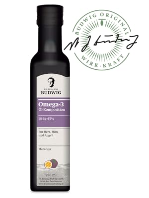 Abbildung einer 250 ml Flasche in schwarz mit weiß-violettem Etikett und Budwig Original-Siegel.