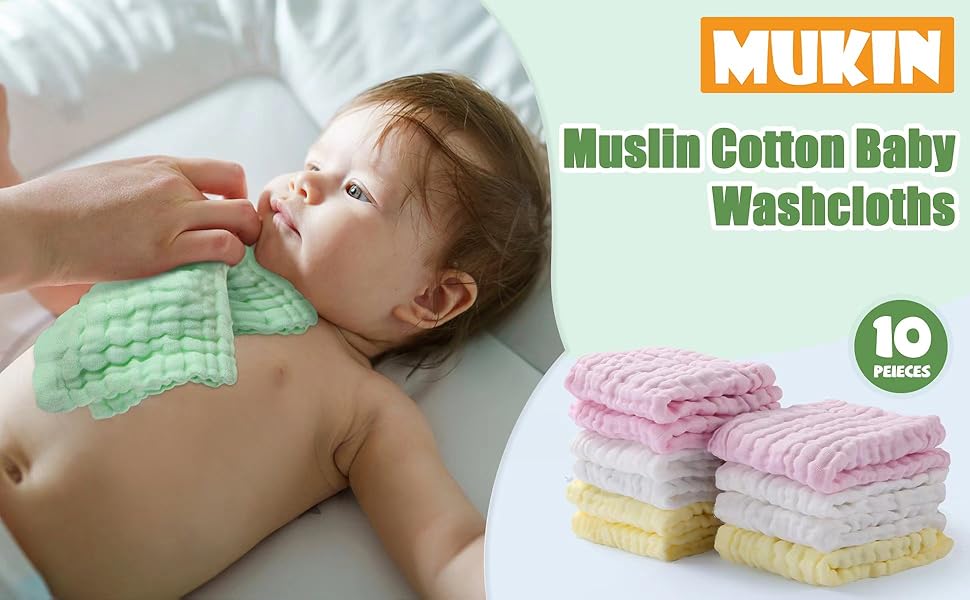 MUKIN Baby Muslin Washcloths Soft Face Cloths for Newborn, Absorbent Bath Face