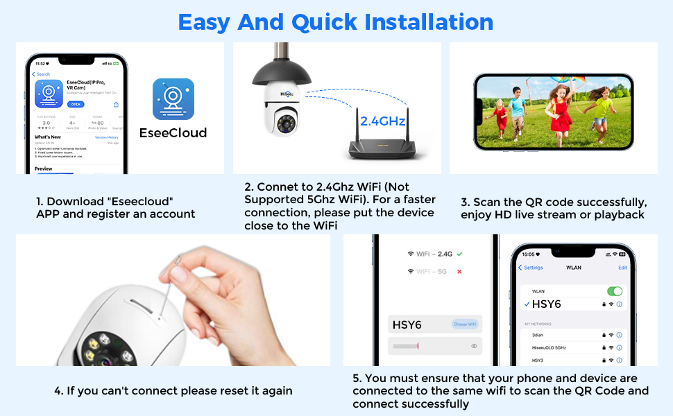 Hiseeu Wireless Light Bulb Camera, 2.4GHz WiFi Bulb Camera