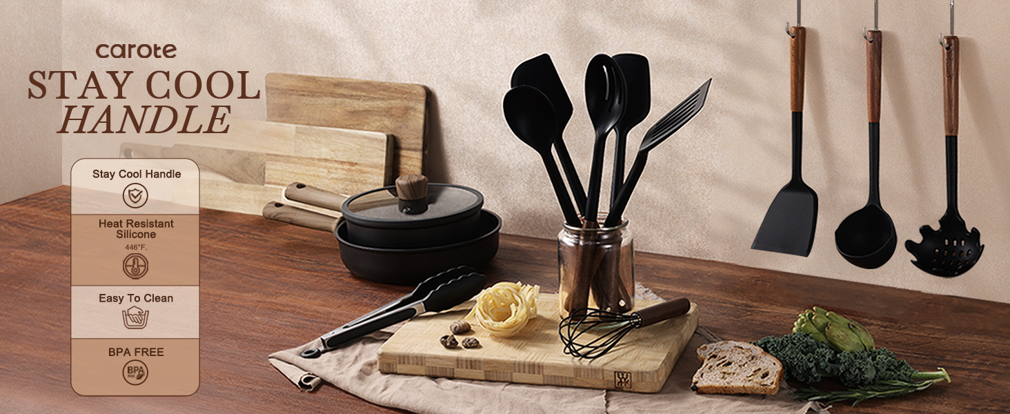 silicone cooking utensils set with acacia wooden handle
