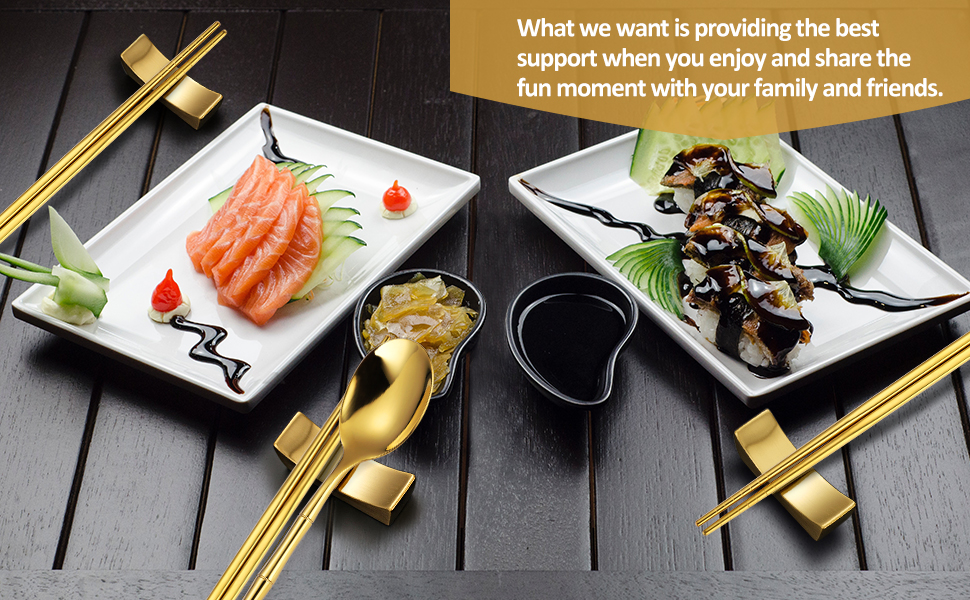 OIULO Gold Chopstick Rest Stainless Steel 5 Pairs Knife